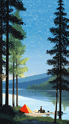 JPG 전신 나무 여자 호수 일러스트 밤하늘 텐트 한명 앉기 성인 반사 여름풍경 캠핑 돌_바위 모닥불 별빛 여름밤 성인여자한명만 국내일러스트 AI일러스트 AI콘텐츠 식물 1 별 모션 하늘 불 레저 캠핑도구 사람 풍경 여름 빛 야간 여자한명만 성인여자만 파일형식 여름_계절