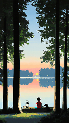 JPG 나무 남자 호수 어린이 일러스트 하늘 그림자 한명 앉기 소년 잔디 반사 노을 여름풍경 랜턴 강아지 숲속 통나무 소년한명만 국내일러스트 AI일러스트 AI콘텐츠 자연요소 식물 1 모션 조명 사람 풍경 반려동물 개 숲 남자한명만 소년만 파일형식 여름_계절