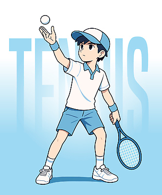 전신 남자 어린이 하늘색 일러스트 한명 들기 소년 테니스라켓 테니스용품 던지기 테니스공 집중 캡모자 테니스복 테니스화 소년한명만 일러캐릭터 AI파일 캐릭터 모자_잡화 1 스포츠용품 운동화 컨셉 공 모션 사람 파란색 운동복 테니스 라켓 남자한명만 소년만 파일형식 벡터