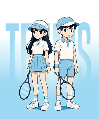 전신 여자 남자 어린이 하늘색 일러스트 들기 소녀 소년 두명 테니스라켓 테니스용품 캡모자 테니스복 테니스화 어린이만 일러캐릭터 AI파일 캐릭터 모자_잡화 스포츠용품 운동화 모션 사람 파란색 운동복 테니스 라켓 파일형식 벡터