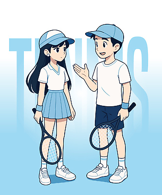 전신 여자 남자 어린이 하늘색 일러스트 대화 미소 들기 소녀 소년 두명 손들기 테니스라켓 테니스용품 캡모자 테니스복 테니스화 어린이만 일러캐릭터 AI파일 캐릭터 모자_잡화 스포츠용품 운동화 모션 표정 말하기 사람 파란색 운동복 테니스 라켓 파일형식 벡터