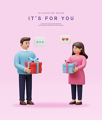 전신 PSD 편집이미지 커플 여자 남자 리본 말풍선 화이트데이 3D캐릭터 발렌타인데이 미소 들기 성인 두명 선물상자 3D 보라색 하트 생일축하 성인만 편집3D 모양 캐릭터 컬러 관계 모션 데이이벤트 표정 선물 사람 상자 축하 생일 디지털합성 파일형식