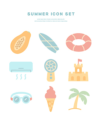 아이콘 휴식 사람없음 여름 바캉스 세트 야자수 서핑보드 선풍기 에어컨 물안경 오브젝트 열대과일 모래성 튜브 콘아이스크림 2D아이콘 IC큐레이션 AI파일 나무 계절 모래 컨셉 과일 휴가 아이스크림 가전제품 보드_스포츠 수영용품 파일형식 벡터