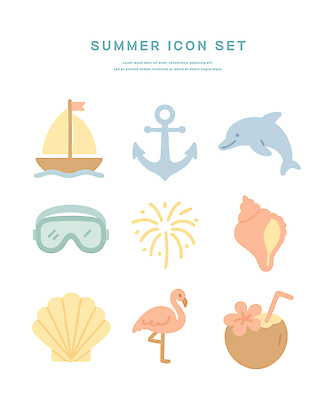 아이콘 꽃 조개 휴식 폭죽 빨대 사람없음 여름 바캉스 세트 소라 플라밍고 물안경 오브젝트 돌고래 닻 돗단배 코코넛주스 2D아이콘 IC큐레이션 AI파일 식물 계절 컨셉 배_교통 포유류 조류 휴가 어패류 수중동물 주스 코코넛 수영용품 파일형식 벡터