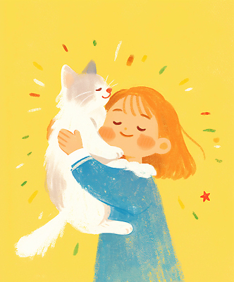 JPG 여자 행복 어린이 일러스트 포옹 한명 미소 소녀 상반신 노란색 평화 눈감음 고양이 소녀한명만 국내일러스트 AI일러스트 AI콘텐츠 1 감정 컬러 컨셉 포유류 안기 모션 표정 사람 반려동물 여자한명만 소녀만 파일형식