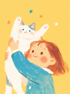 JPG 여자 행복 어린이 일러스트 포옹 한명 미소 소녀 상반신 노란색 평화 고양이 소녀한명만 국내일러스트 AI일러스트 AI콘텐츠 1 감정 컬러 컨셉 포유류 안기 표정 사람 반려동물 여자한명만 소녀만 파일형식