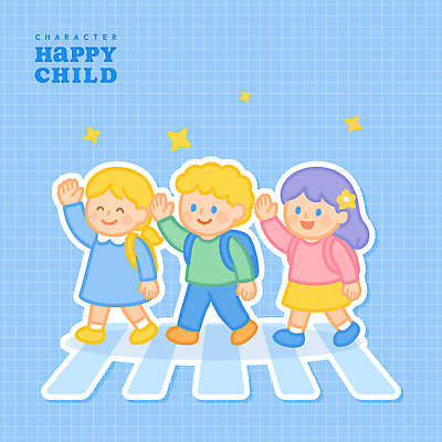 전신 여자 남자 행복 어린이 하늘색 일러스트 책가방 미소 소녀 소년 세명 반짝임 손들기 걷기 횡단보도 건너기 어린이만 국내일러스트 AI파일 감정 가방 모션 표정 사람 파란색 보행로 파일형식 벡터