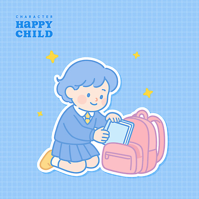 전신 여자 행복 교복 하늘색 일러스트 청소년 책가방 한명 미소 책 반짝임 무릎꿇기 넣기 십대여자한명만 국내일러스트 AI파일 1 옷 감정 가방 모션 표정 사람 파란색 여자한명만 십대여자만 파일형식 벡터