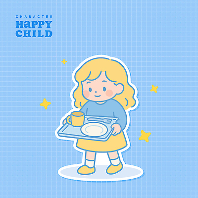 전신 접시 여자 행복 어린이 하늘색 포크 일러스트 한명 미소 들기 소녀 컵 반짝임 식판 소녀한명만 국내일러스트 AI파일 1 식기 감정 모션 표정 사람 파란색 여자한명만 소녀만 파일형식 벡터