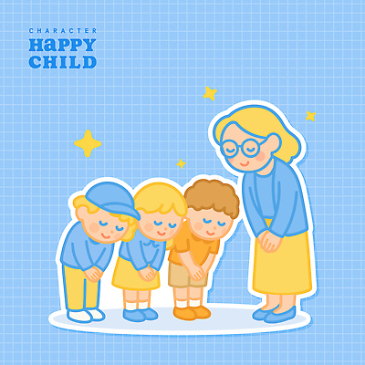 전신 여자 남자 행복 어린이 하늘색 일러스트 미소 소녀 소년 여러명 성인 반짝임 눈감음 교사 배꼽인사 캡모자 안경낌 국내일러스트 AI파일 직업 모자_잡화 감정 안경 다수 모션 표정 사람 파란색 인사 파일형식 벡터