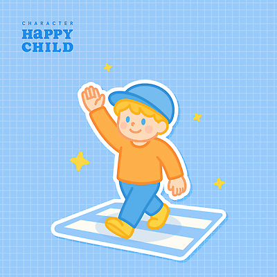 전신 남자 행복 어린이 하늘색 일러스트 한명 미소 소년 반짝임 손들기 걷기 횡단보도 건너기 캡모자 소년한명만 국내일러스트 AI파일 모자_잡화 1 감정 모션 표정 사람 파란색 보행로 남자한명만 소년만 파일형식 벡터