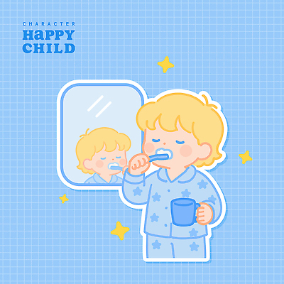 남자 행복 어린이 하늘색 일러스트 한명 미소 들기 소년 반짝임 반사 눈감음 거울 잠옷 칫솔 양치컵 소년한명만 국내일러스트 AI파일 1 옷 감정 모션 표정 사람 컵 파란색 위생용품 양치 남자한명만 소년만 파일형식 벡터
