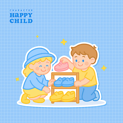 전신 모자 여자 남자 행복 어린이 하늘색 신발 일러스트 미소 들기 소녀 소년 두명 반짝임 무릎꿇기 신발장 어린이만 국내일러스트 AI파일 잡화 감정 모션 표정 사람 파란색 파일형식 벡터