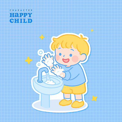 전신 남자 행복 어린이 하늘색 일러스트 한명 미소 소년 반짝임 손들기 세면대 손씻기 비누거품 소년한명만 국내일러스트 AI파일 1 감정 모션 표정 사람 파란색 거품 씻기 남자한명만 소년만 파일형식 벡터