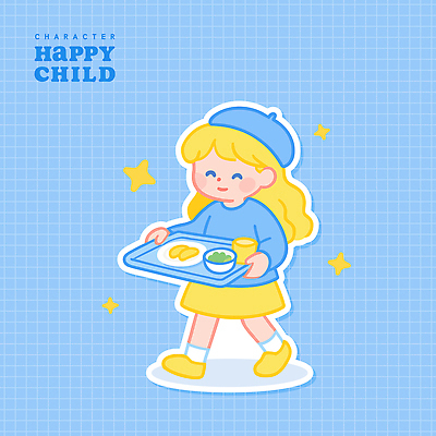 전신 모자 그릇 접시 여자 행복 어린이 하늘색 일러스트 한명 미소 들기 소녀 컵 반짝임 걷기 식판 소녀한명만 국내일러스트 AI파일 1 식기 잡화 감정 모션 표정 사람 파란색 여자한명만 소녀만 파일형식 벡터