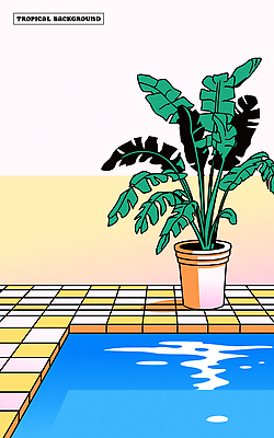 라이프스타일 화분 물결 일러스트 수영장 실내 사람없음 여름 여름휴가 노란색 몬스테라 트로피컬아트 뉴트로 국내일러스트 AI파일 식물 계절 컬러 휴가 내부 생활 그림 복고 파일형식 벡터 여름_계절