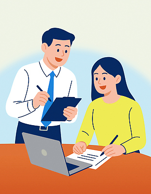 여자 남자 일러스트 비즈니스 회의 커뮤니케이션 함께함 대화 미소 들기 정장 상반신 성인 두명 노트북 사무실 펜 기록 잡기 업무 비즈니스맨 비즈니스우먼 토론 문서 서류판 성인만 국내일러스트 AI파일 옷 컨셉 모션 표정 말하기 사람 전자제품 필기구 사무용품 작업 직장인 파일형식 벡터