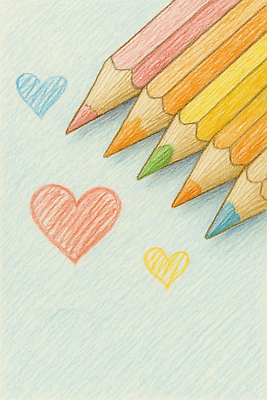 JPG 일러스트 색연필 사람없음 컬러풀 여러개 하트 스케치 손그림 국내일러스트 AI일러스트 AI콘텐츠 모양 컬러 다수 학용품 미술 파일형식