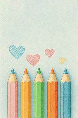 JPG 일러스트 색연필 사람없음 컬러풀 여러개 하트 스케치 손그림 국내일러스트 AI일러스트 AI콘텐츠 모양 컬러 다수 학용품 미술 파일형식