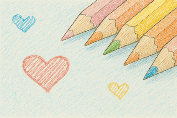 JPG 일러스트 색연필 사람없음 컬러풀 여러개 하트 스케치 손그림 국내일러스트 AI일러스트 AI콘텐츠 모양 컬러 다수 학용품 미술 파일형식