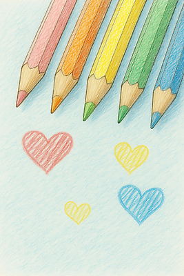 JPG 일러스트 색연필 사람없음 컬러풀 여러개 하트 스케치 손그림 국내일러스트 AI일러스트 AI콘텐츠 모양 컬러 다수 학용품 미술 파일형식