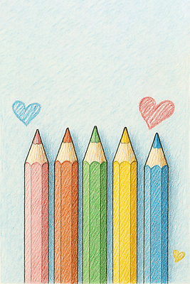 JPG 일러스트 색연필 사람없음 컬러풀 여러개 하트 스케치 손그림 국내일러스트 AI일러스트 AI콘텐츠 모양 컬러 다수 학용품 미술 파일형식