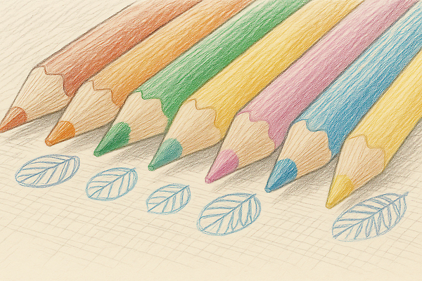 JPG 일러스트 나뭇잎 색연필 사람없음 컬러풀 여러개 스케치 손그림 국내일러스트 AI일러스트 AI콘텐츠 컬러 다수 잎 학용품 미술 파일형식