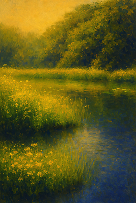 JPG 꽃밭 일러스트 자연 사람없음 노란색 여름풍경 풀잎 수면 강가 유화 국내일러스트 AI일러스트 AI콘텐츠 꽃 컬러 잎 미술 풍경 물 강 풀_식물 생태계 파일형식 여름_계절