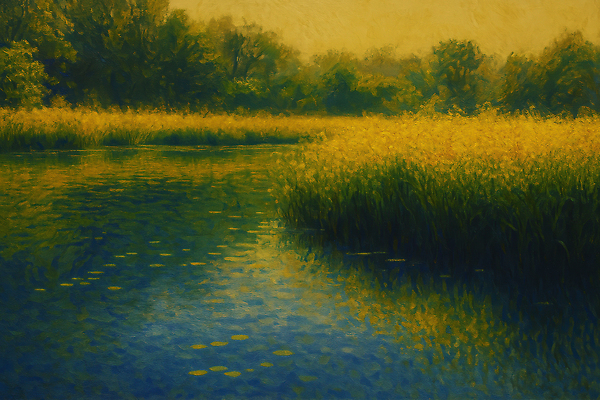 JPG 나무 꽃밭 일러스트 자연 사람없음 노란색 여름풍경 풀잎 수면 강가 유화 국내일러스트 AI일러스트 AI콘텐츠 식물 꽃 컬러 잎 미술 풍경 물 강 풀_식물 생태계 파일형식 여름_계절