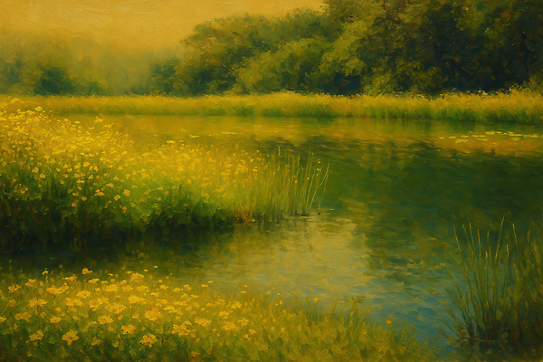 JPG 나무 꽃밭 일러스트 자연 사람없음 노란색 여름풍경 풀잎 수면 강가 유화 국내일러스트 AI일러스트 AI콘텐츠 식물 꽃 컬러 잎 미술 풍경 물 강 풀_식물 생태계 파일형식 여름_계절