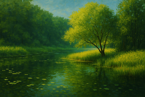 JPG 나무 일러스트 자연 하늘 사람없음 초록색 여름풍경 풀잎 수면 강가 유화 국내일러스트 AI일러스트 AI콘텐츠 식물 컬러 잎 미술 풍경 물 강 풀_식물 생태계 파일형식 여름_계절
