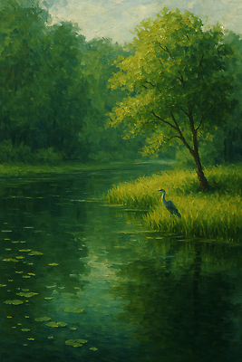 JPG 나무 일러스트 자연 조류 사람없음 초록색 여름풍경 풀잎 수면 강가 유화 국내일러스트 AI일러스트 AI콘텐츠 식물 동물 컬러 잎 미술 풍경 물 강 풀_식물 생태계 파일형식 여름_계절