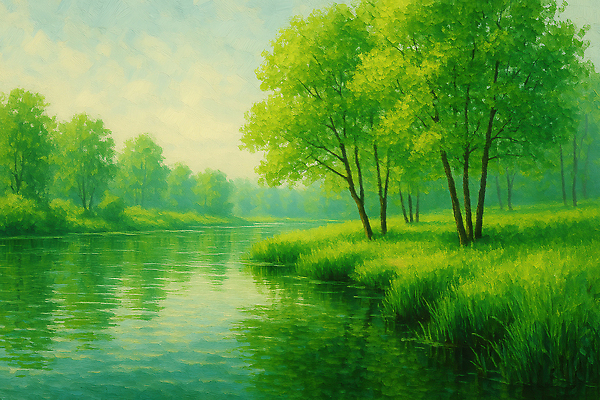 JPG 나무 일러스트 자연 하늘 사람없음 초록색 여름풍경 풀잎 수면 강가 유화 국내일러스트 AI일러스트 AI콘텐츠 식물 컬러 잎 미술 풍경 물 강 풀_식물 생태계 파일형식 여름_계절