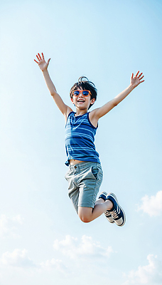 JPG 전신 편집이미지 남자 어린이 하늘색 하늘 밝음 한명 웃음 소년 야외 캐주얼 여름 민소매 점프 활발 에너지 자유 즐거움 활기 의료성형뷰티 소년한명만 편집실사 AI인물포토 AI콘텐츠 1 옷 계절 감정 컨셉 상의 모션 표정 사람 파란색 CG 남자한명만 소년만 파일형식 AI포토