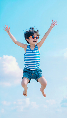 JPG 전신 구름 편집이미지 남자 어린이 하늘색 하늘 밝음 한명 웃음 소년 야외 캐주얼 여름 민소매 점프 활발 에너지 자유 즐거움 활기 의료성형뷰티 소년한명만 편집실사 AI인물포토 AI콘텐츠 자연요소 1 옷 계절 감정 컨셉 상의 모션 표정 사람 파란색 CG 남자한명만 소년만 파일형식 AI포토