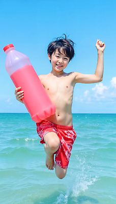 JPG 전신 편집이미지 남자 어린이 바다 하늘색 물놀이 밝음 한명 웃음 소년 해변 야외 캐주얼 여름 활발 에너지 즐거움 활기 의료성형뷰티 소년한명만 편집실사 AI인물포토 AI콘텐츠 1 옷 계절 감정 컨셉 놀이 표정 사람 파란색 CG 남자한명만 소년만 파일형식 AI포토