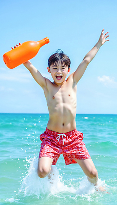 JPG 전신 편집이미지 남자 어린이 하늘색 물놀이 밝음 한명 웃음 소년 해변 야외 캐주얼 여름 점프 활발 에너지 자유 즐거움 활기 의료성형뷰티 소년한명만 편집실사 AI인물포토 AI콘텐츠 1 옷 계절 감정 바다 컨셉 모션 놀이 표정 사람 파란색 CG 남자한명만 소년만 파일형식 AI포토