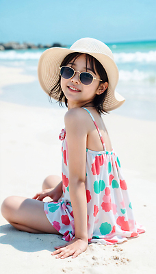 JPG 전신 편집이미지 여자 어린이 바다 포즈 휴가 밝음 한명 미소 소녀 해변 야외 캐주얼 여름 에너지 자유 탐험 즐거움 활기 썬햇 의료성형뷰티 소녀한명만 편집실사 AI인물포토 AI콘텐츠 1 옷 계절 감정 컨셉 표정 사람 CG 여자한명만 소녀만 파일형식 AI포토