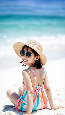 JPG 전신 편집이미지 여자 어린이 바다 포즈 휴가 밝음 한명 미소 소녀 해변 야외 캐주얼 여름 에너지 자유 탐험 즐거움 활기 썬햇 의료성형뷰티 소녀한명만 편집실사 AI인물포토 AI콘텐츠 1 옷 계절 감정 컨셉 표정 사람 CG 여자한명만 소녀만 파일형식 AI포토