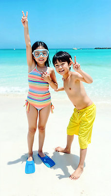 JPG 전신 편집이미지 여자 남자 어린이 포즈 놀이 휴가 밝음 웃음 소녀 소년 해변 야외 두명 캐주얼 여름 우정 에너지 자유 탐험 즐거움 활기 의료성형뷰티 어린이만 편집실사 AI인물포토 AI콘텐츠 옷 계절 감정 바다 컨셉 표정 사람 친구 CG 파일형식 AI포토