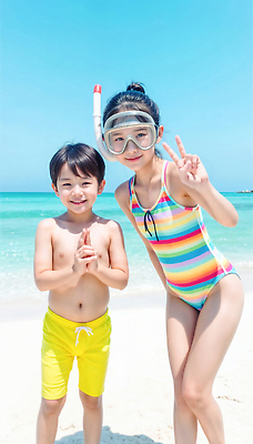 JPG 전신 편집이미지 여자 남자 어린이 포즈 놀이 휴가 밝음 웃음 소녀 소년 해변 야외 두명 캐주얼 여름 에너지 자유 탐험 스노클링 즐거움 활기 의료성형뷰티 어린이만 편집실사 AI인물포토 AI콘텐츠 옷 계절 감정 바다 컨셉 표정 사람 수상스포츠 CG 파일형식 AI포토