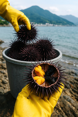 JPG 편집이미지 손 물결 바다 하늘 산 들기 신체부위 오픈 양동이 고무장갑 성게 성게알 편집실사 AI인물포토 AI콘텐츠 장갑 모션 극피동물 사람 알 CG 고무 파일형식 AI포토