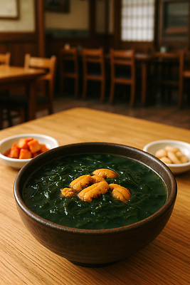 JPG 편집이미지 접시 반찬 마늘 사람없음 식당 국그릇 깍두기 나무의자 나무탁자 미역국 성게알 편집실사 성게미역국 AI포토 AI콘텐츠 그릇 식기 음식 채소 의자 탁자 김치 목재 상점 알 CG 국 파일형식