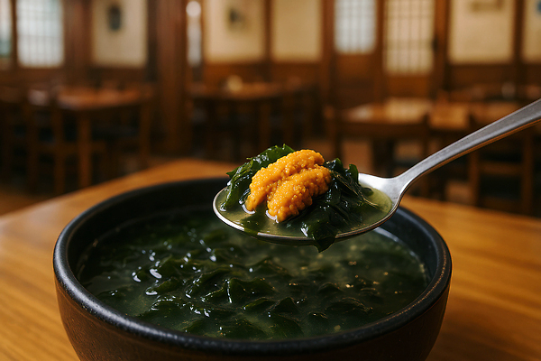 JPG 편집이미지 들기 사람없음 식당 숟가락 국그릇 뚝배기 나무탁자 미역국 성게알 편집실사 성게미역국 AI포토 AI콘텐츠 그릇 모션 탁자 수저 상점 알 CG 국 파일형식