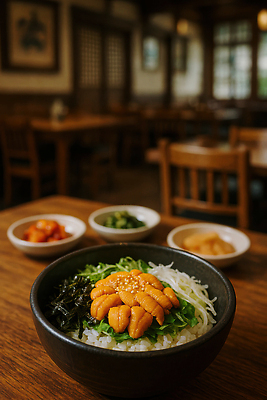JPG 편집이미지 그릇 접시 반찬 양파 사람없음 식당 상추 깍두기 나물 비빔밥 깨 감자볶음 김가루 나무탁자 성게알 편집실사 성게비빔밥 AI포토 AI콘텐츠 식기 한식 음식 채소 식재료 탁자 김치 상점 알 조미료 김_해조류 가루 CG 볶음 파일형식