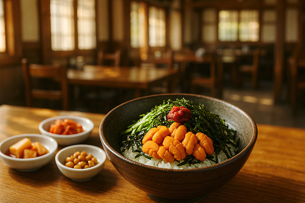 JPG 편집이미지 그릇 반찬 오이 사람없음 식당 고추장 깍두기 나무의자 비빔밥 배추김치 김가루 나무탁자 성게알 콩자반 편집실사 성게비빔밥 AI포토 AI콘텐츠 식기 한식 음식 채소 의자 탁자 김치 목재 상점 알 양념 김_해조류 가루 CG 파일형식