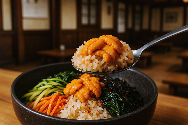 JPG 편집이미지 그릇 들기 사람없음 식당 숟가락 비빔밥 애호박 김가루 나무탁자 성게알 좌식의자 당근볶음 편집실사 성게비빔밥 AI포토 AI콘텐츠 식기 한식 의자 모션 탁자 호박 수저 상점 알 김_해조류 가루 CG 볶음 파일형식