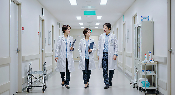 JPG 편집이미지 여자 남자 이동 협력 병원 대화 들기 성인 세명 마주보기 걷기 의사 의사가운 그룹 복도 전문직 휠체어 서랍장 의견 서류판 의료성형뷰티 성인만 편집실사 AI인물포토 AI콘텐츠 직업 가구 컨셉 의학 모션 말하기 사람 사무용품 의료진 가운 CG 파일형식 AI포토