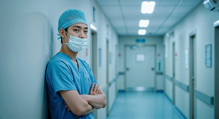 JPG 편집이미지 남자 감정 휴식 스트레스 병원 마스크 한명 성인 파란색 팔짱 기댐 진료 의사 응급 복도 기다림 전문직 준비 수술복 긴장 의료성형뷰티 성인남자한명만 편집실사 AI인물포토 AI콘텐츠 직업 1 컬러 컨셉 의학 모션 사람 의료진 긴급 가운 CG 남자한명만 성인남자만 파일형식 AI포토