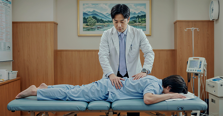 JPG 전신 편집이미지 남자 엎드리기 시계 액자 스트레스 건강 대화 성인 두명 치료 환자 의사 마사지 의사가운 전문직 검사_조사 그림 환자복 소통 병원침대 심전도 심전도모니터 진료대 진료실 의료성형뷰티 성인남자만 편집실사 AI인물포토 AI콘텐츠 직업 옷 컨셉 의학 모션 병원 말하기 사람 진료 의료진 침대 가운 CG 남자만 성인만 파일형식 AI포토